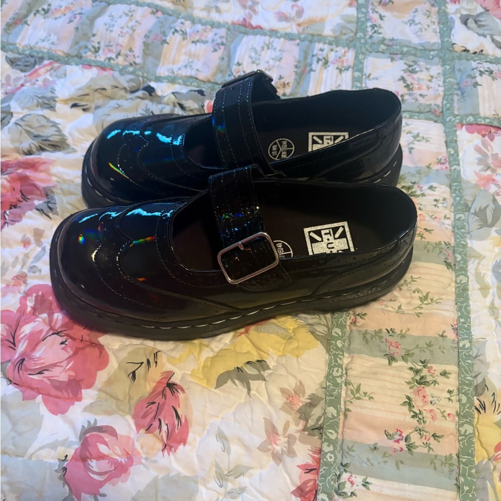 T.U.K. Brogue Mary Jane Shoes with oil slick/rainbow look